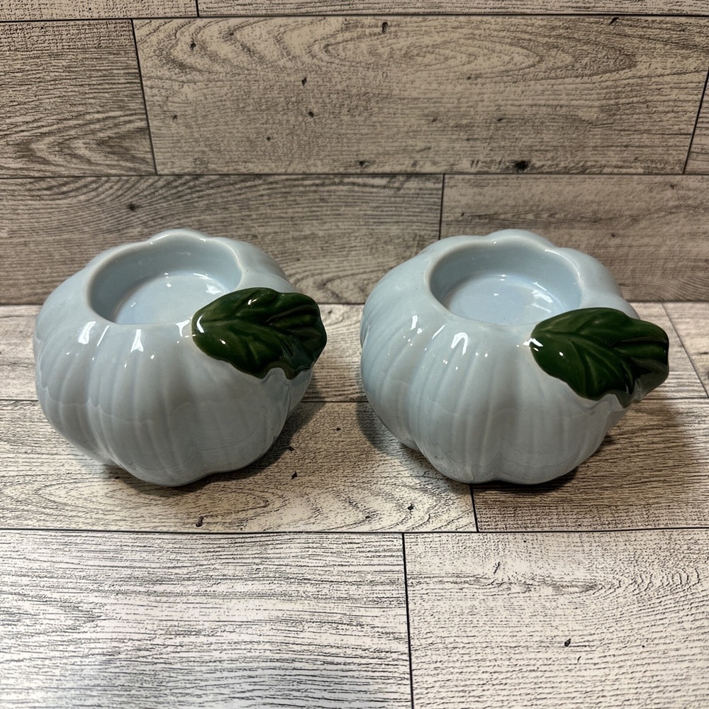 Blue Ceramic Pumpkin w/ Leaf (Set Of 2)‎ Tea Light Candle Holder 3.5x2.5"